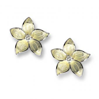 Vitreous Enamel on Sterling Silver Stephanotis Stud Earrings-Yellow. Set with White Topaz.