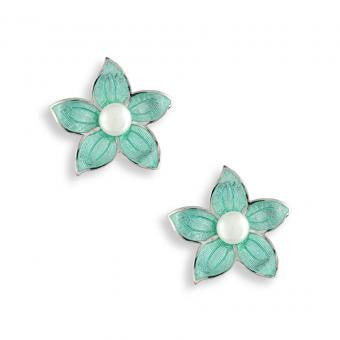 Vitreous Enamel on Sterling Silver Stephanotis Stud Earrings. Turquoise. Set with Freshwater Pearls.