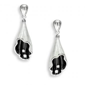 Vitreous Enamel on Sterling Silver Bell Flower Stud Earrings. Gray. Set with White Sapphires.