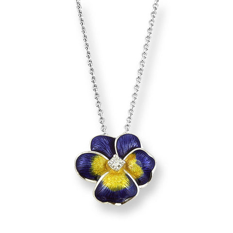 Purple Pansy Flower Enamel Necklace in Sterling Silver