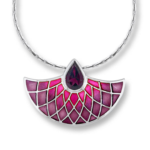 Enamel on Sterling Silver Pink Fan Necklace with a Rhodolite Gemstone