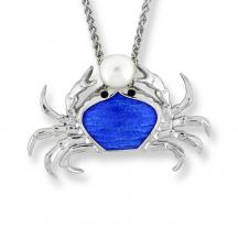 Enamel Blue Crab Necklace in Sterling Silver with White Pearl