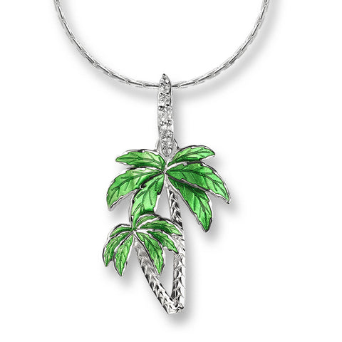 Enamel on Sterling Silver Green Palm Tree Necklace with White Sapphires