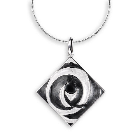 Enamel Sterling Silver Abstract Square Necklace-Black 18 inch chain