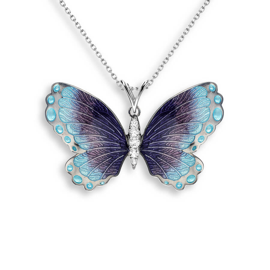 Enamel on Black Rhodium Plated Sterling Silver Blue Butterfly Necklace White Sapphires
