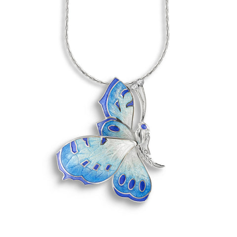 White Sterling Silver Butterfly Enamel Necklace With Round White Sapphires