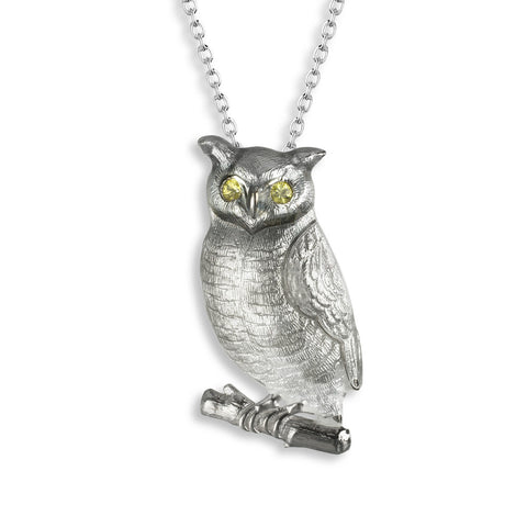 Enamel Sterling Silver Gray Owl Necklace with Yellow Sapphires