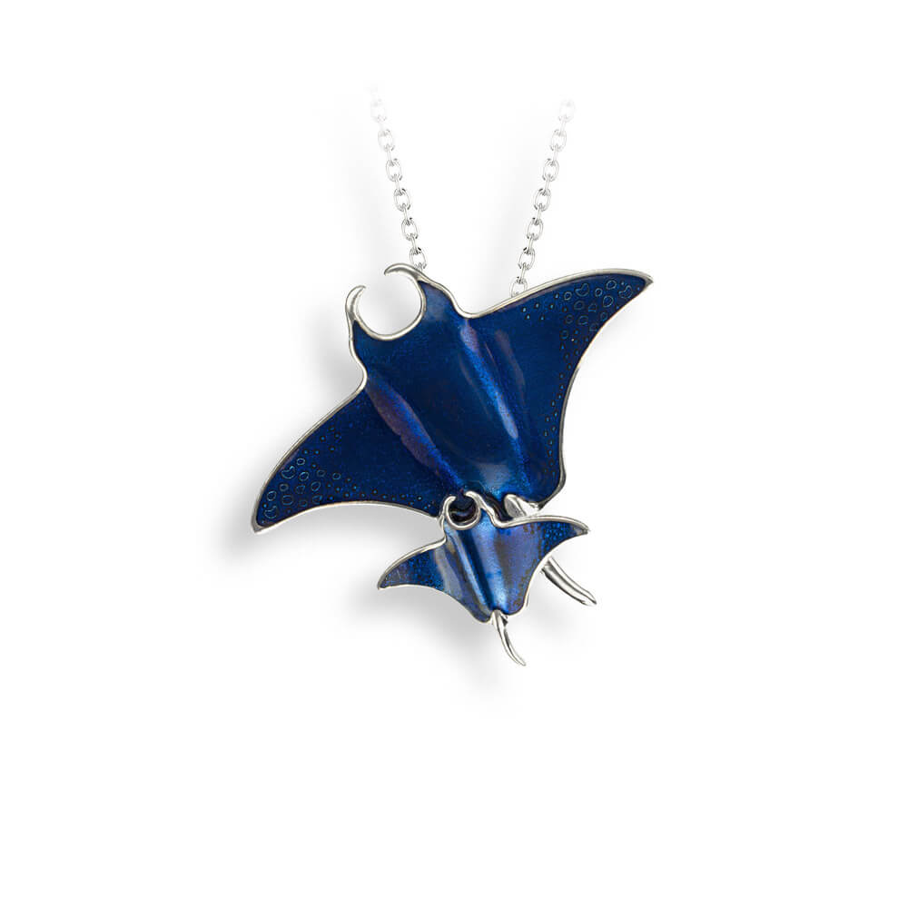 Sterling Silver Blue Enamel Manta Ray Parent and Child Necklace