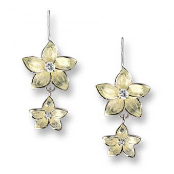 Vitreous Enamel on Sterling Silver Stephanotis Wire Earrings-Yellow. Set with White Topaz.