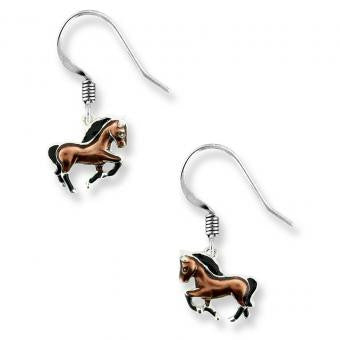 Vitreous Enamel Sterling Silver Horse Wire Earrings-Brown.