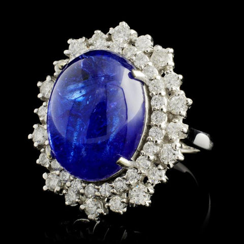 tanzanite and diamond cabachon white gold ring